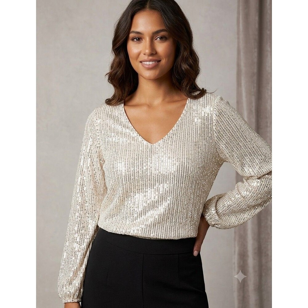Vine & Love Sequin Blouse Womens S Champagne Gold V-Neck Balloon Sleeve Party...